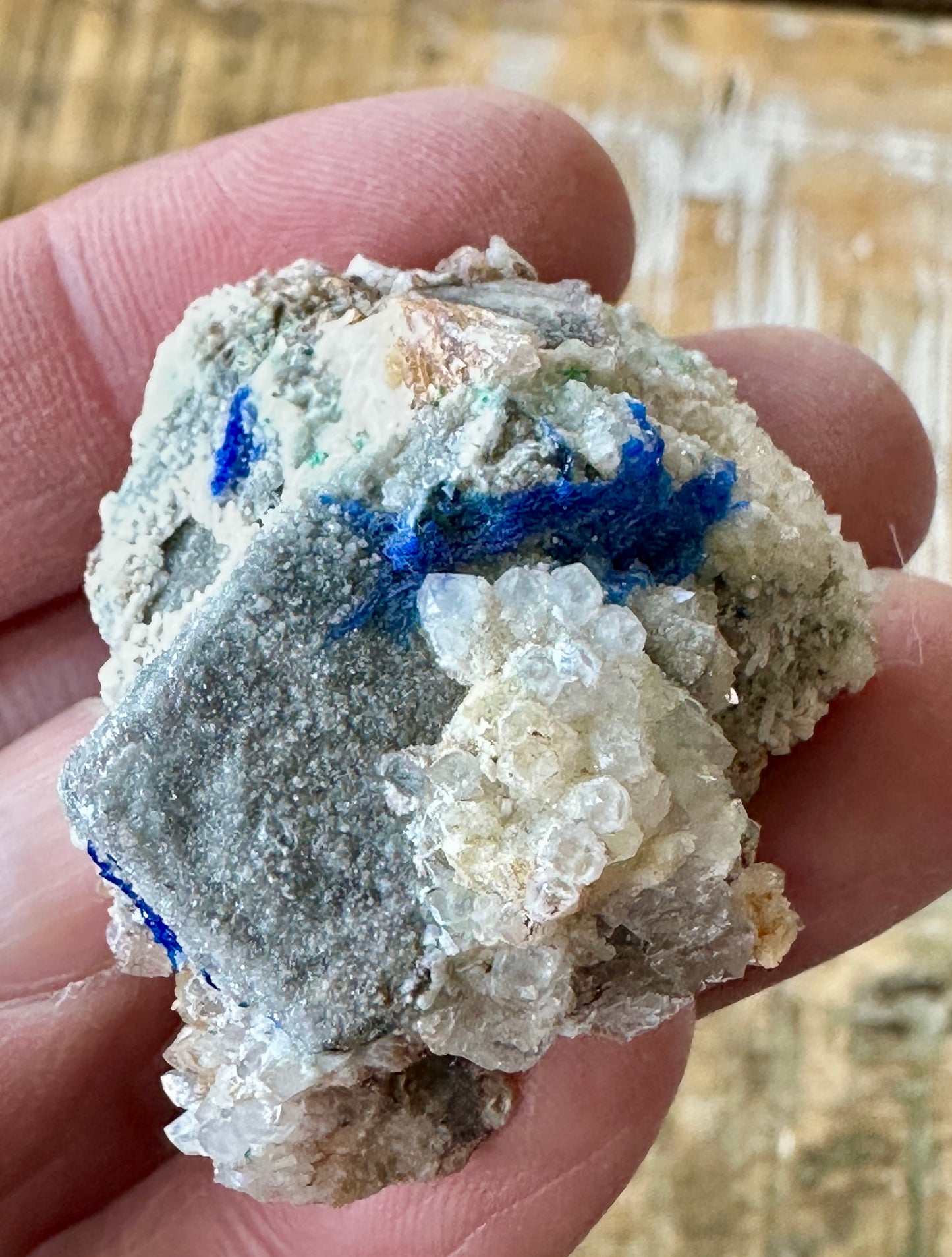 Linarite on Quartz coating Galena